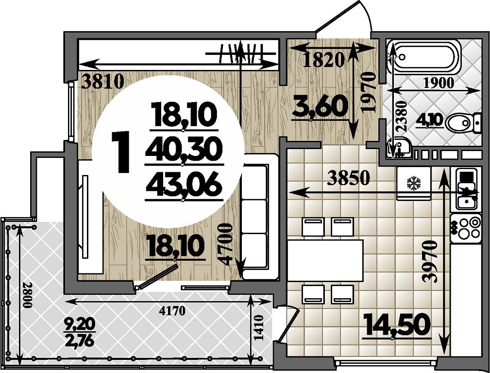 Планировка 1-комнатная 43,06 м²