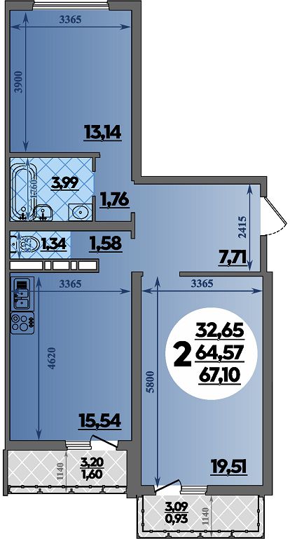Планировка 2-комнатная 67,1 м²