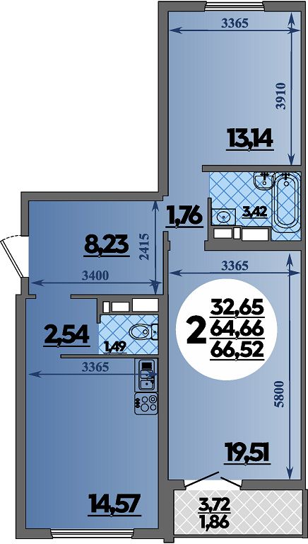 Планировка 2-комнатная 66,52 м²