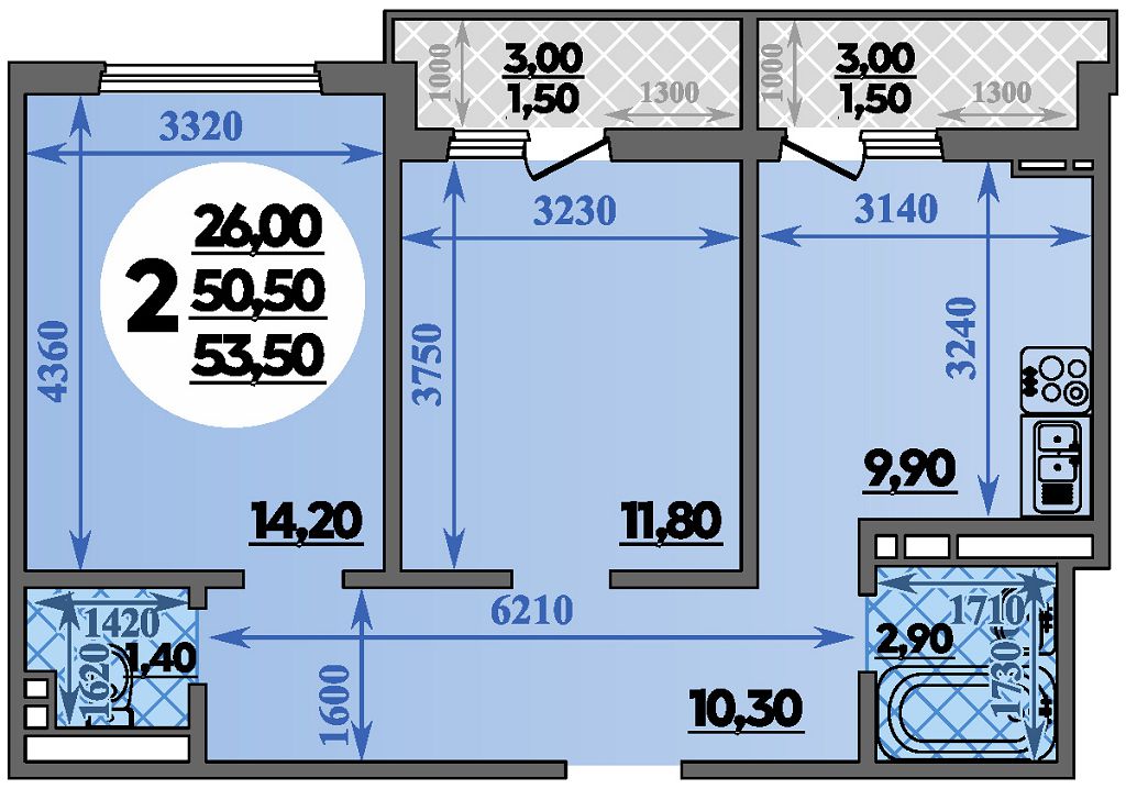 Планировка: 2-комн. квартира 53,5 м²