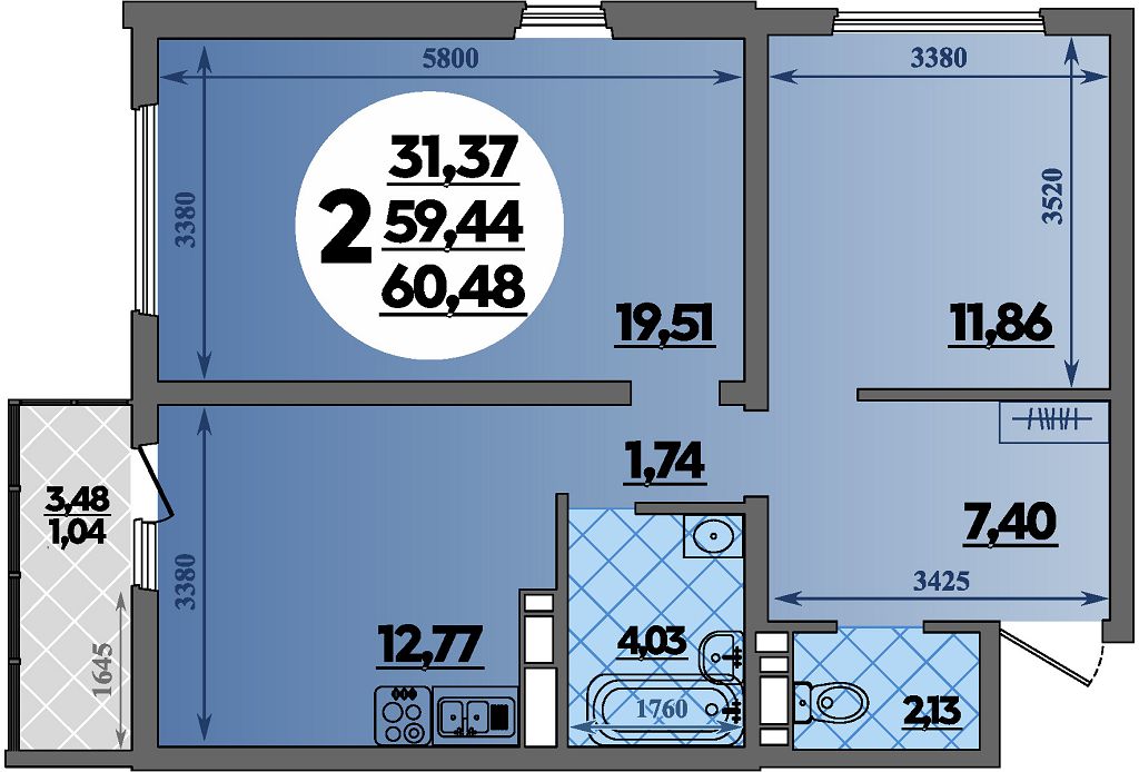 Планировка: 2-комн. квартира 60,5 м²