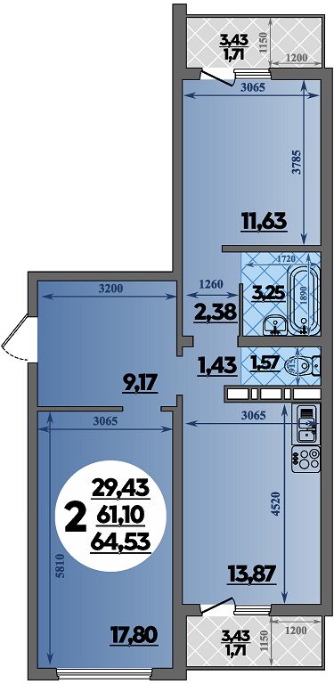 Планировка 2-комнатная 64,53 м²