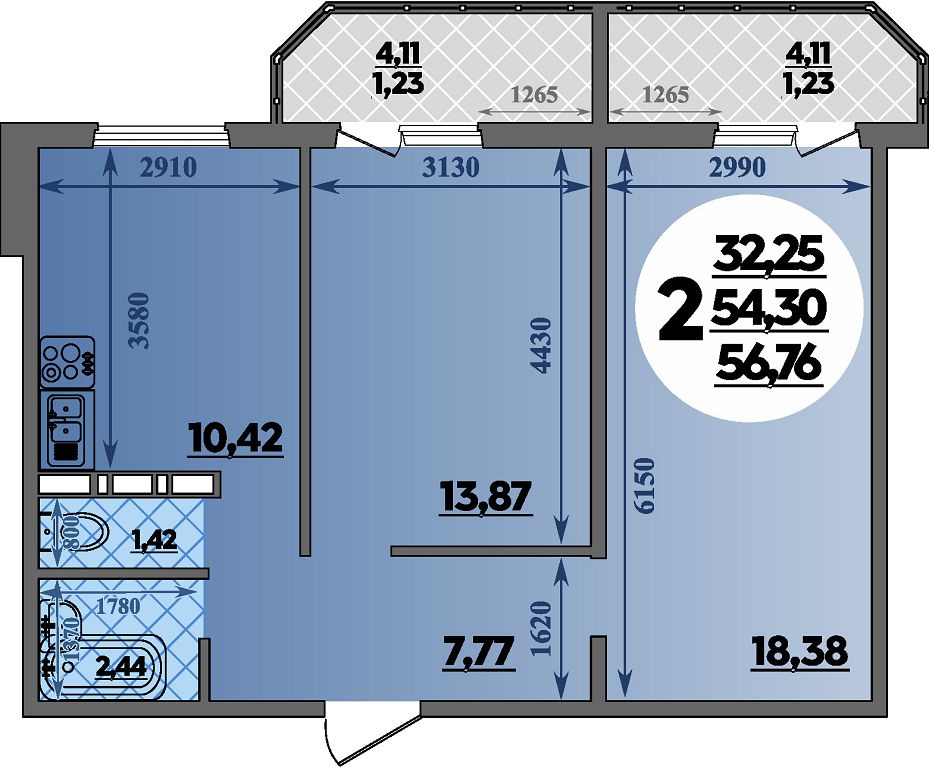 Планировка 2-комнатная 56,76 м²