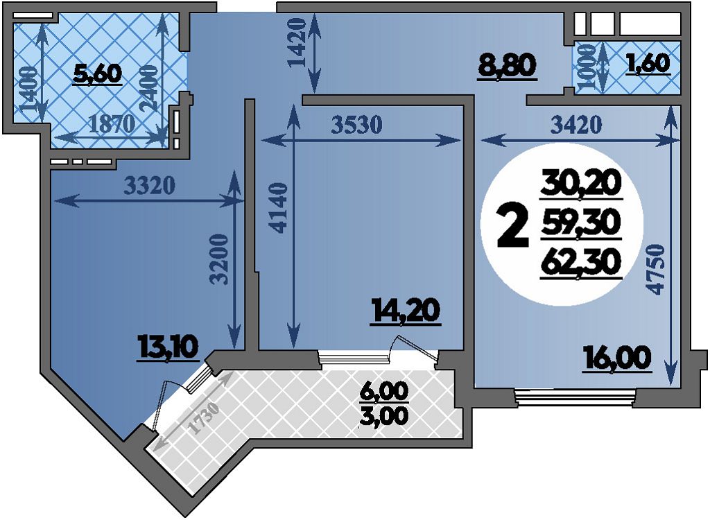 Планировка: 2-комн. квартира 62,3 м²
