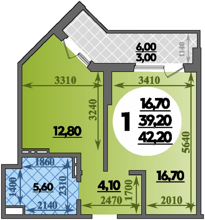Планировка: 1-комн. квартира 42,2 м²