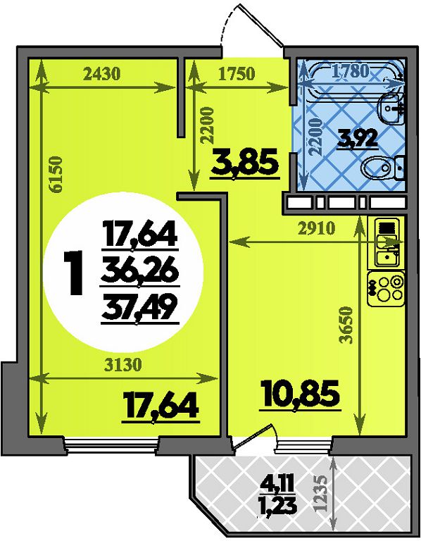 Планировка 1-комнатная 37,49 м²
