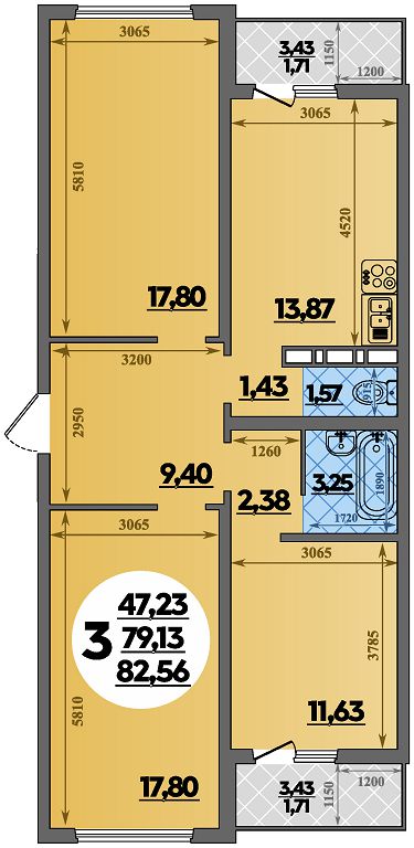 Планировка 3-комнатная 82,56 м²