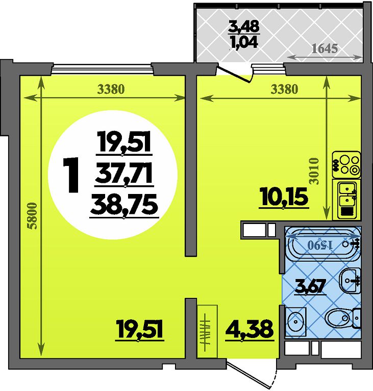 Планировка: 1-комн. квартира 38,8 м²
