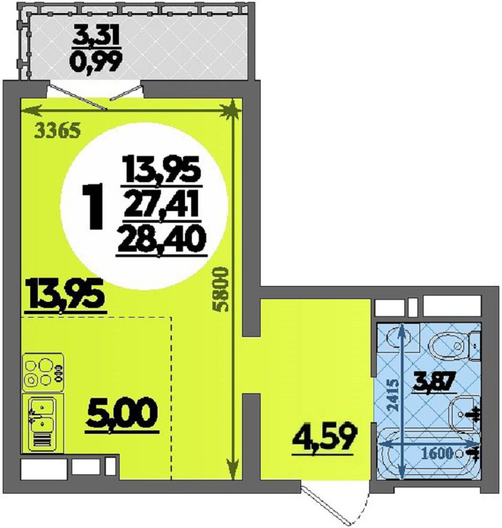 Планировка: Студия 28,4 м²