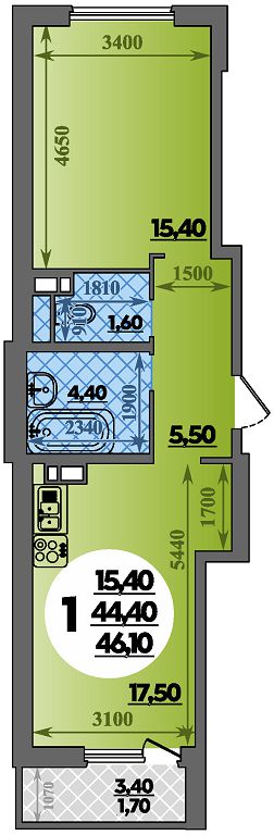 Планировка 1-комнатная 46,1 м²