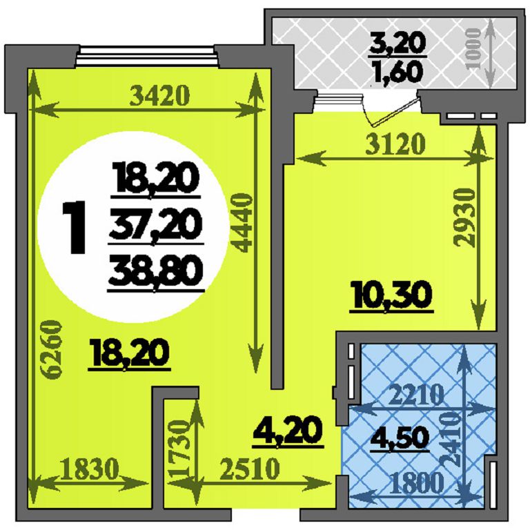 Планировка 1-комнатная 38,8 м²