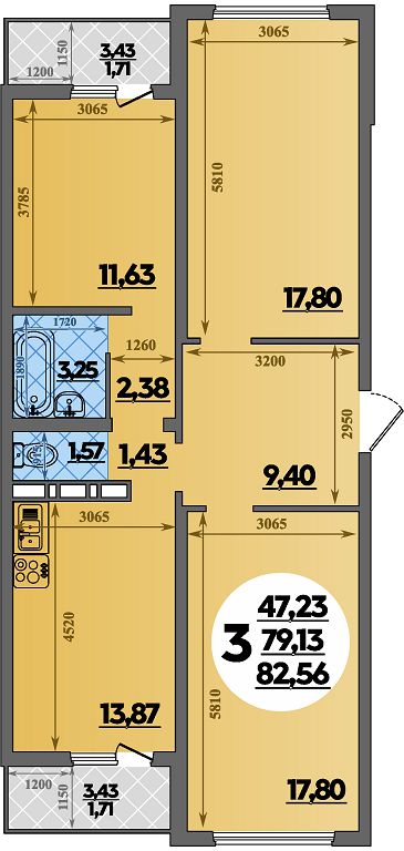 Планировка 3-комнатная 82,56 м²