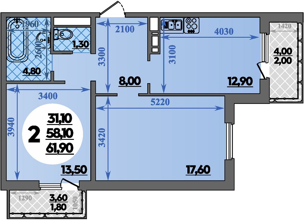 Планировка: 2-комн. квартира 61,9 м²