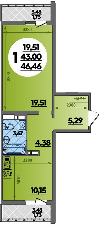 Планировка: 1-комн. квартира 46,5 м²