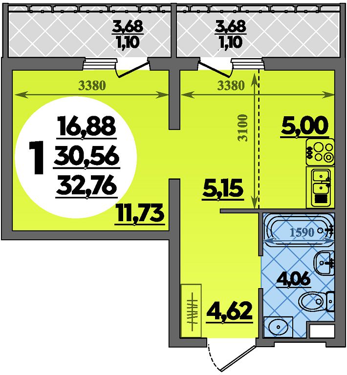 Планировка: Студия 32,8 м²