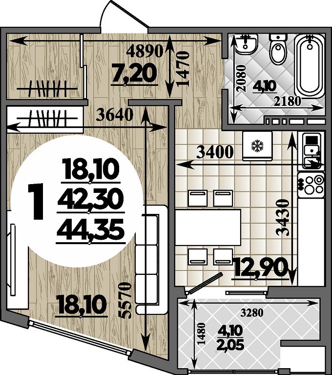 Планировка: 1-комн. квартира 44,4 м²