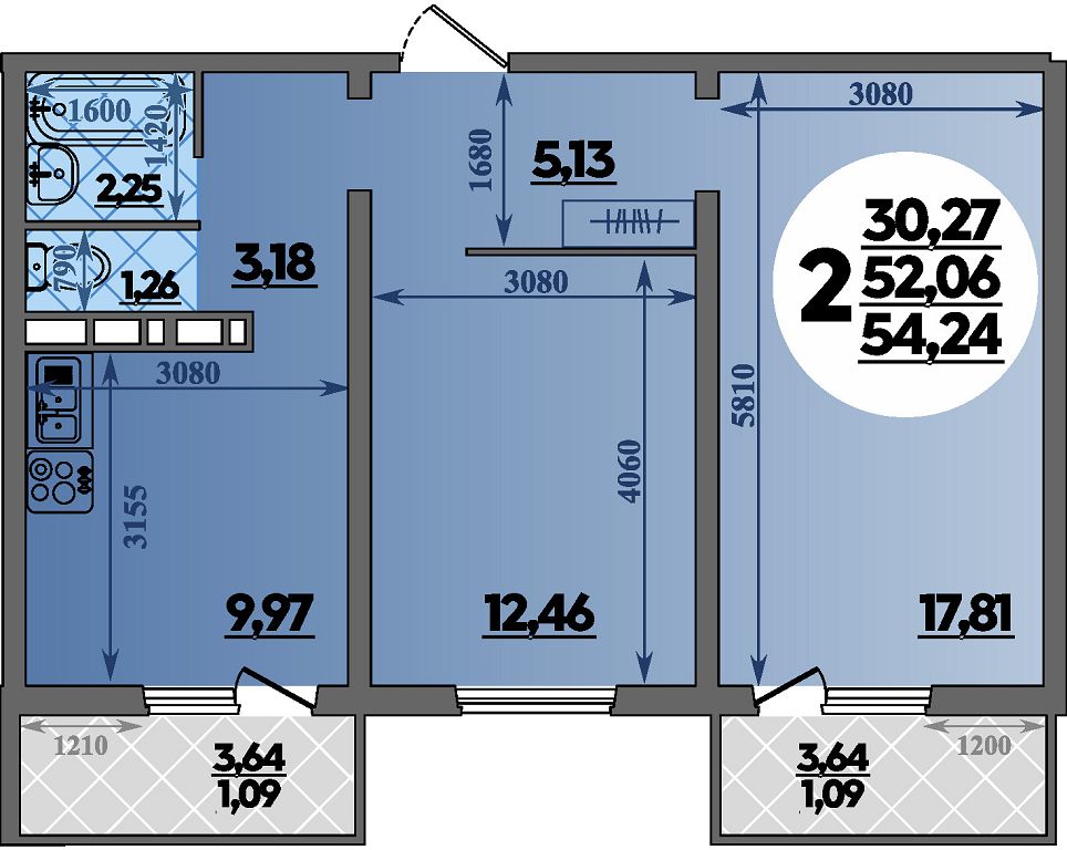 Планировка 2-комнатная 54,24 м²