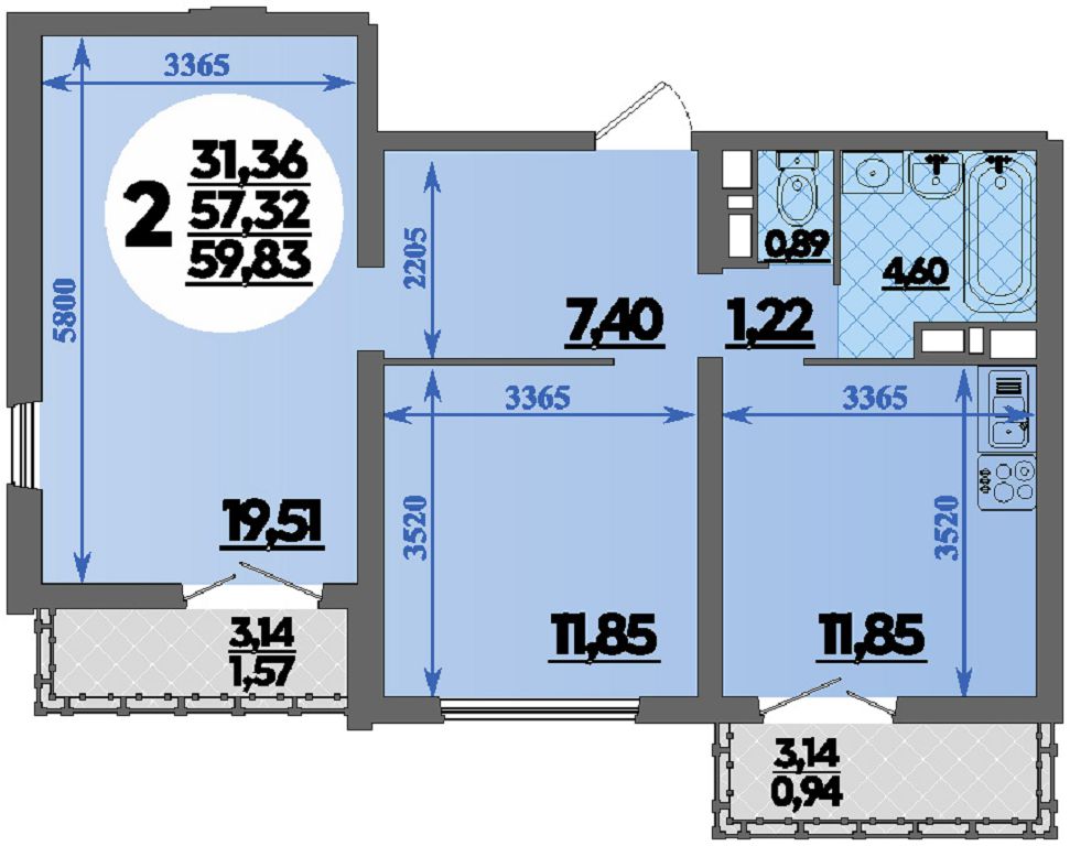 Планировка 2-комнатная 59,83 м²