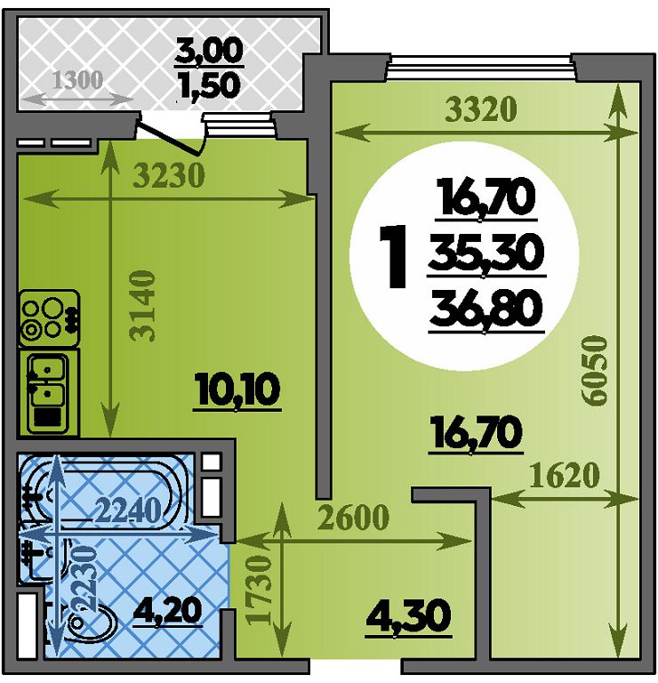 Планировка 1-комнатная 36,8 м²