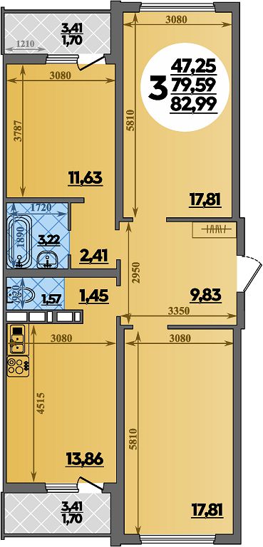 Планировка 3-комнатная 82,99 м²