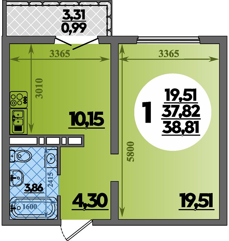 Планировка: 1-комн. квартира 38,8 м²