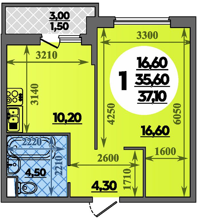 Планировка 1-комнатная 37,1 м²