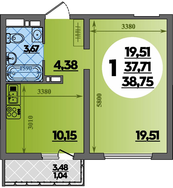 Планировка: 1-комн. квартира 38,8 м²