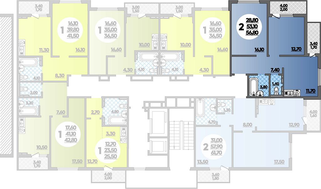 Планировка 2-комнатная 56,8 м²