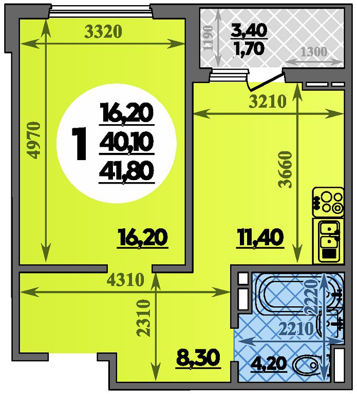 Планировка 1-комнатная 41,8 м²