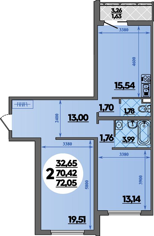 Планировка 2-комнатная 72,05 м²