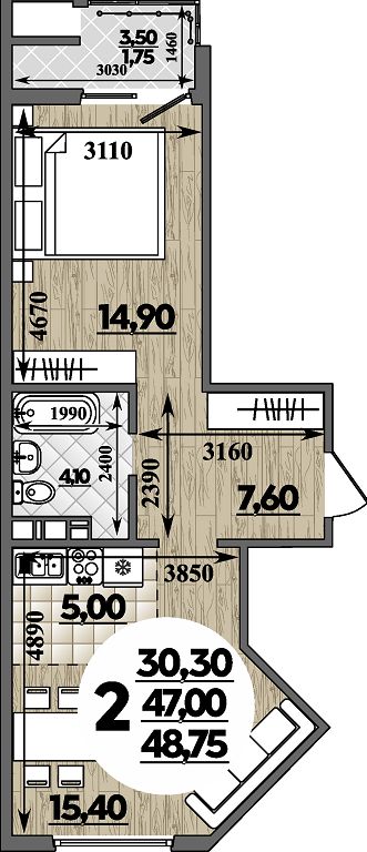Планировка 2-комнатная 48,75 м²