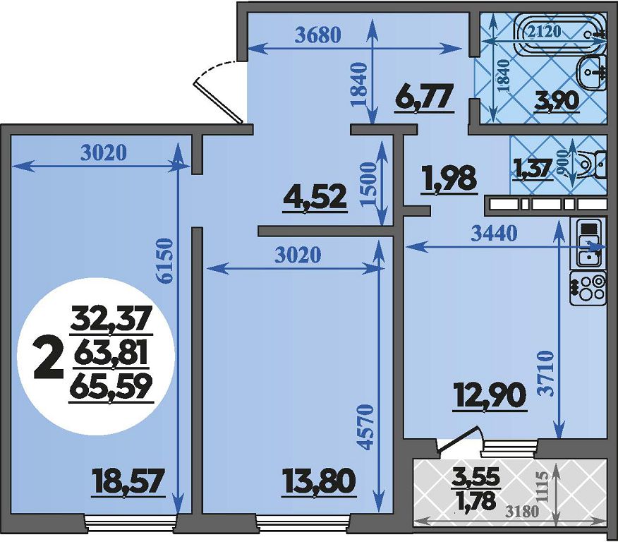 Планировка 2-комнатная 65,59 м²