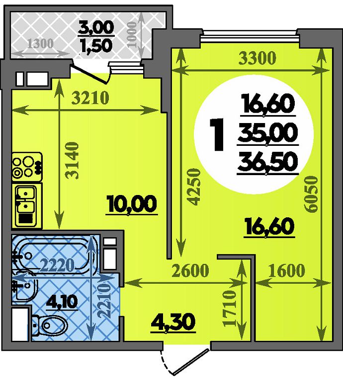 Планировка 1-комнатная 36,5 м²