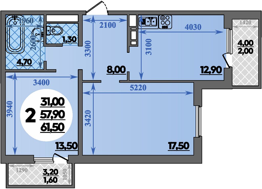 Планировка 2-комнатная 61,5 м²