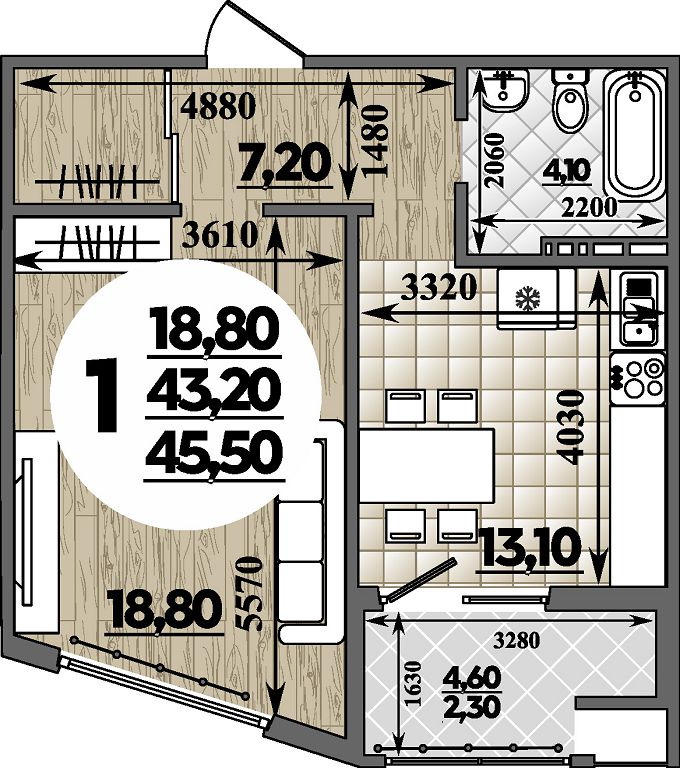 Планировка 1-комнатная 45,5 м²