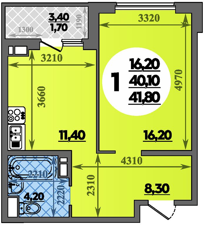 Планировка: 1-комн. квартира 41,8 м²