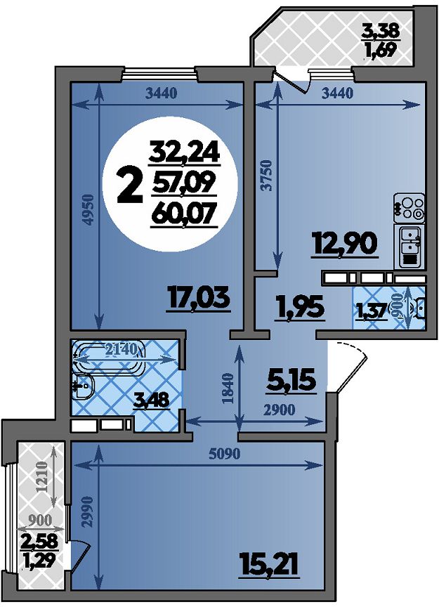 Планировка 2-комнатная 60,07 м²