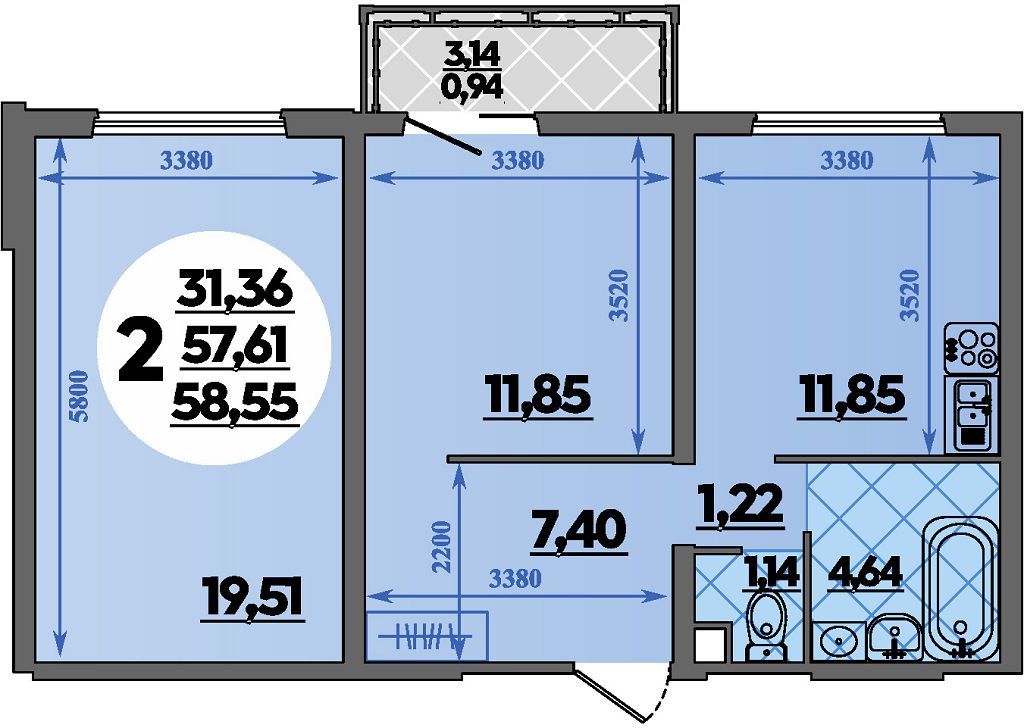 Планировка 2-комнатная 58,55 м²
