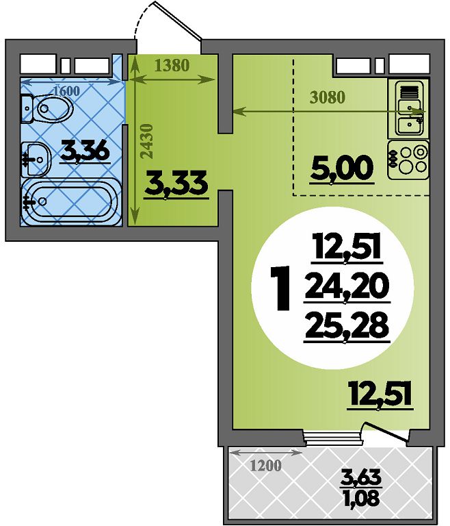 Планировка Студия 25,28 м²