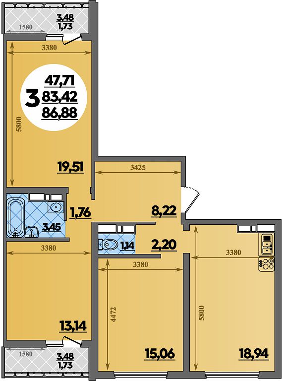 Планировка: 3-комн. квартира 86,9 м²