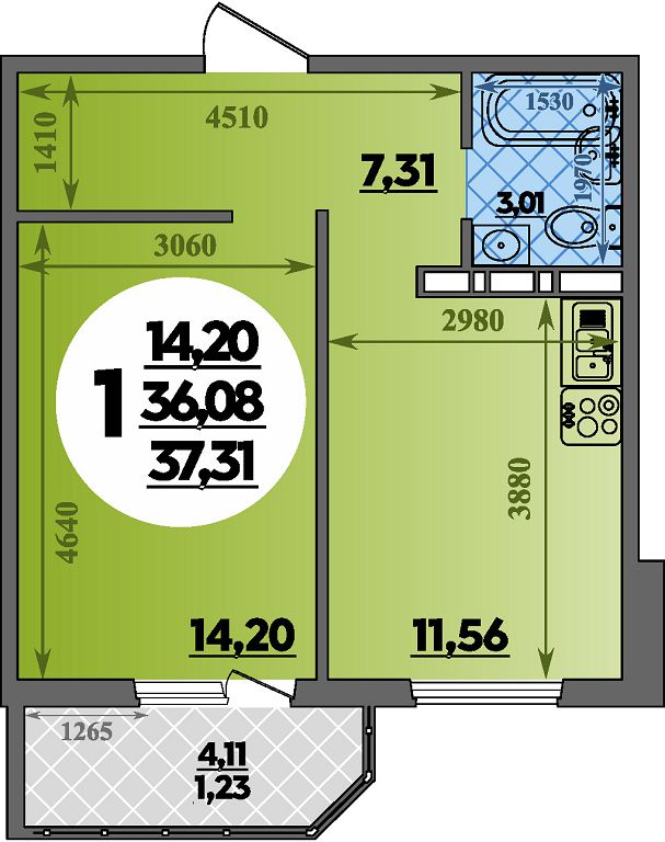 Планировка 1-комнатная 37,31 м²