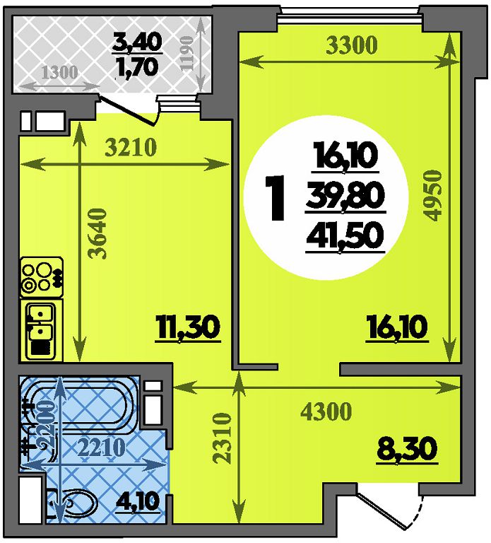 Планировка: 1-комн. квартира 41,5 м²