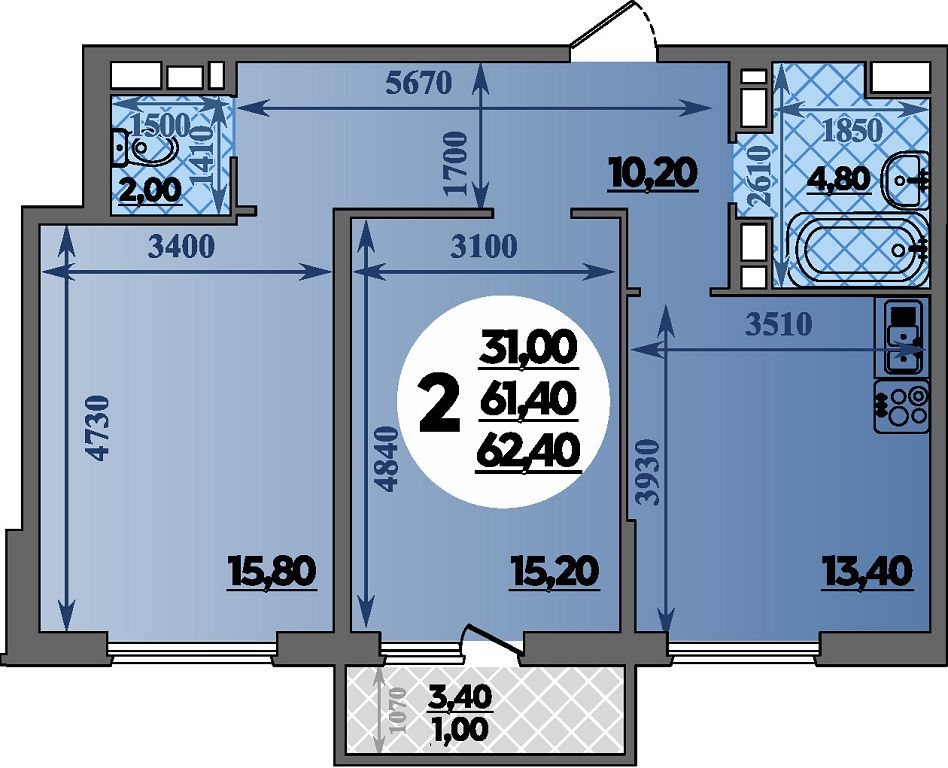 Планировка: 2-комн. квартира 62,4 м²