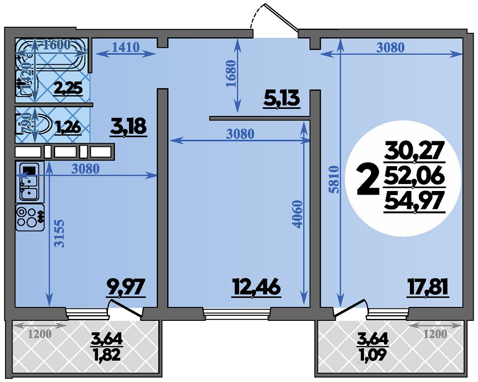 Планировка 2-комнатная 54,97 м²
