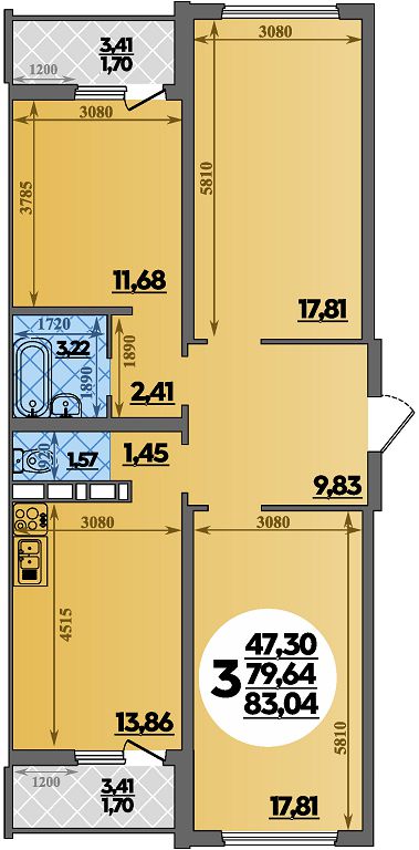 Планировка 3-комнатная 83,04 м²