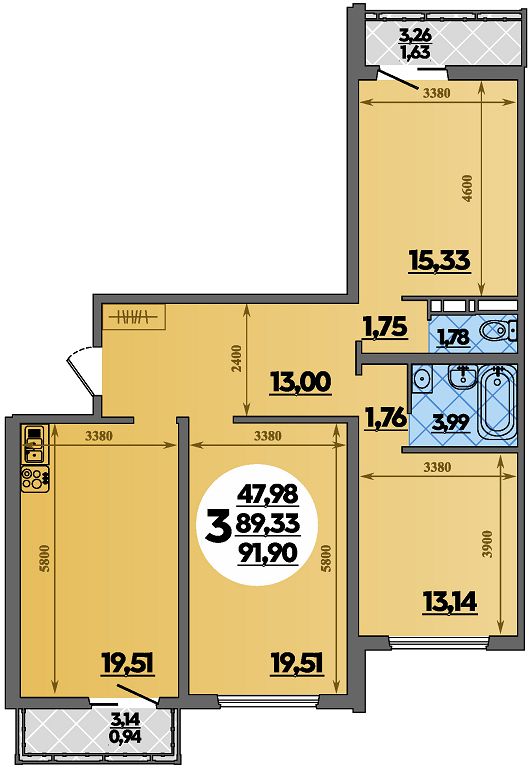 Планировка 3-комнатная 91,9 м²