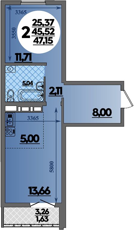Планировка 2-комнатная 47,15 м²