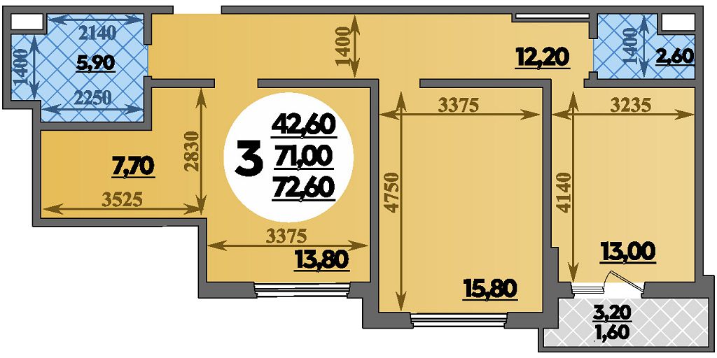 Планировка 3-комнатная 72,6 м²