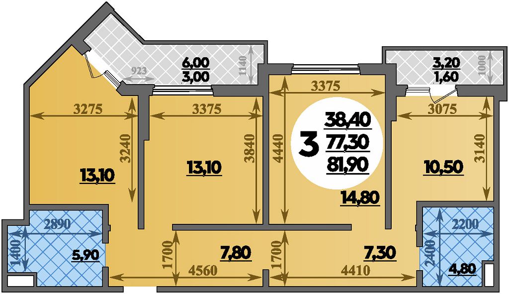 Планировка 3-комнатная 81,9 м²