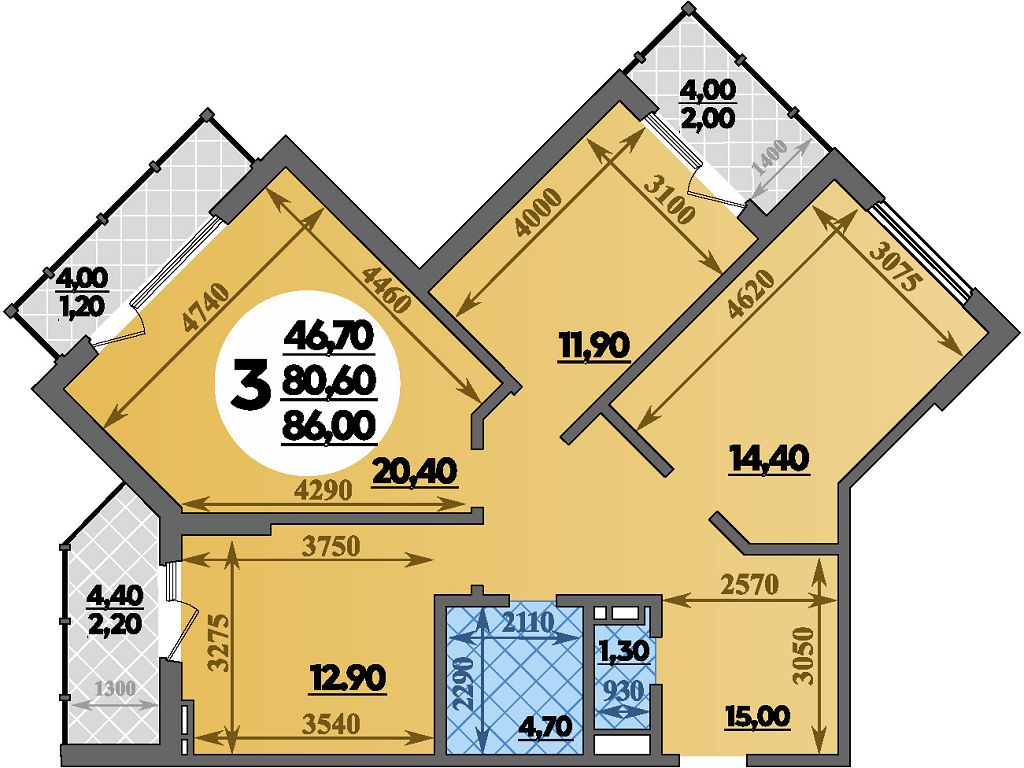 Планировка 3-комнатная 86 м²